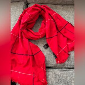FRAAS The Scarf Company Red Tartan Plaid Scarf with Navy white Accents VGUC